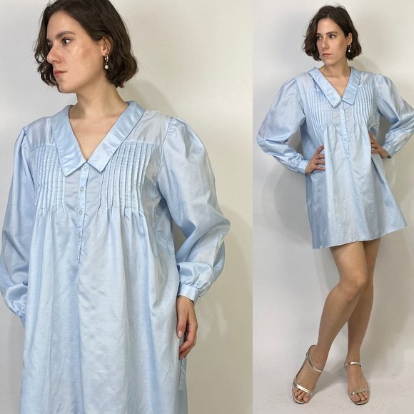 Vintage 80s PUFF SLEEVE Baby Blue Nightgown Dress! - Picture 1 of 8